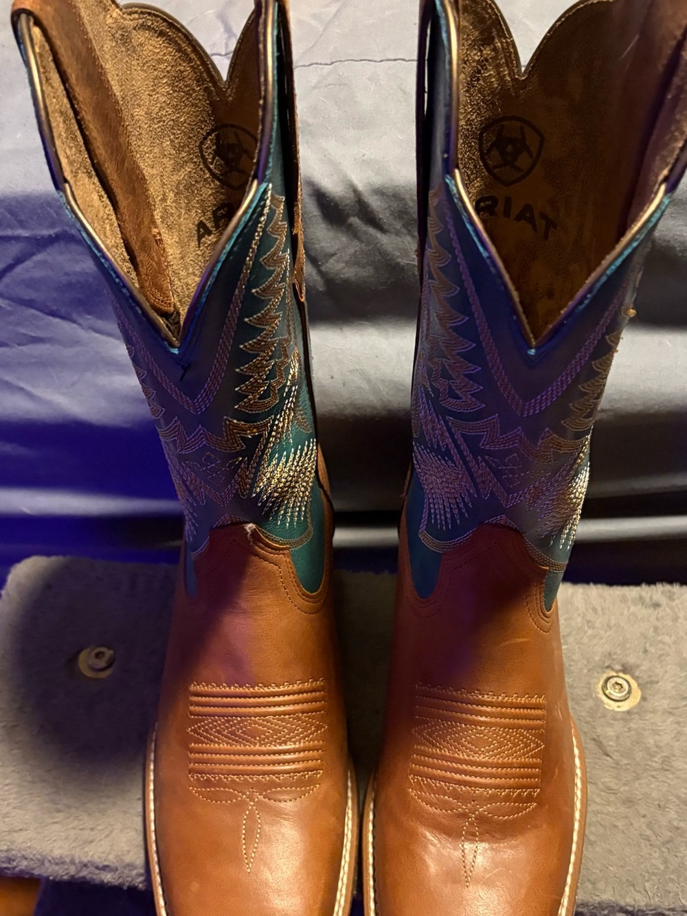 Ariat Brown Leather Western Heeled Boots with Teal Embroidered Shaft